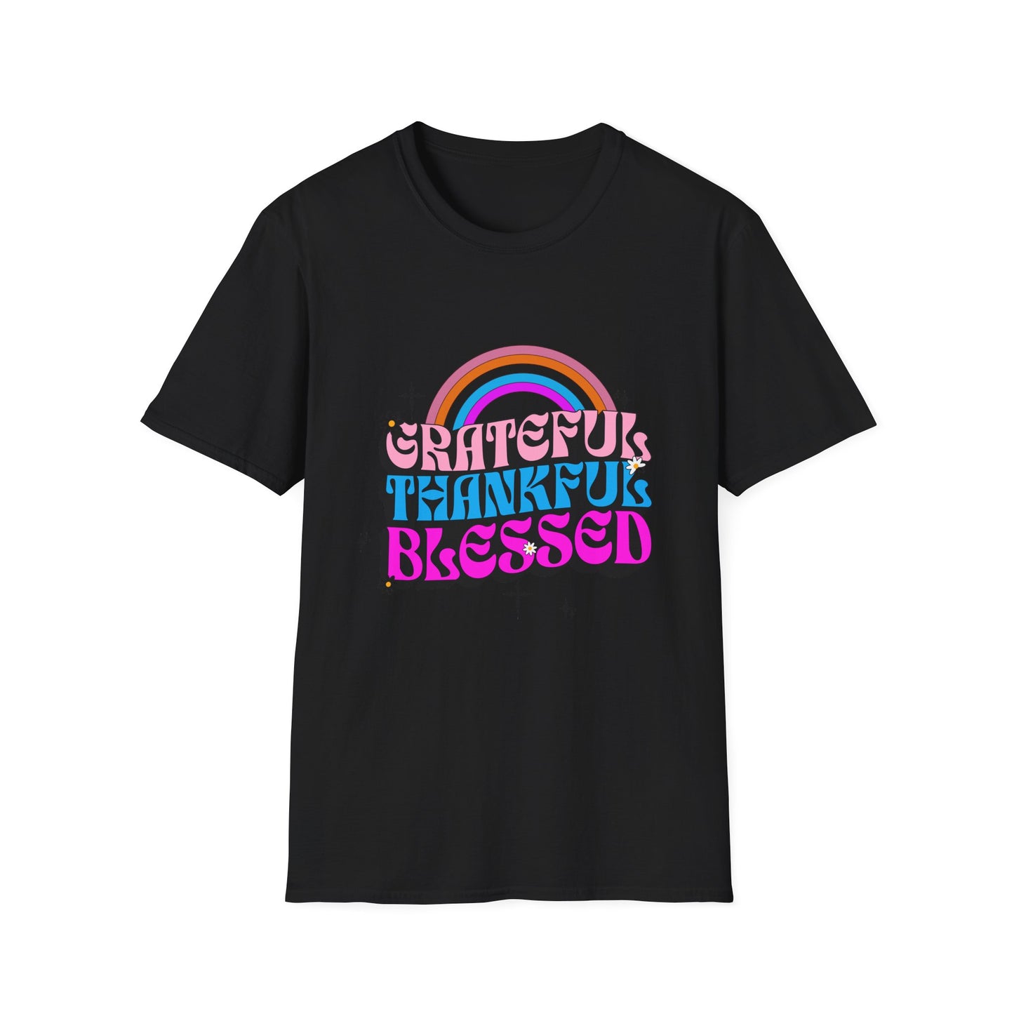 Vintage Rainbow Blessed and Thankful Unisex Softstyle T-Shirt, Retro Pride Tee, Colorful Gratitude Shirt, LGBTQ+ Support Top, Happy Vibes