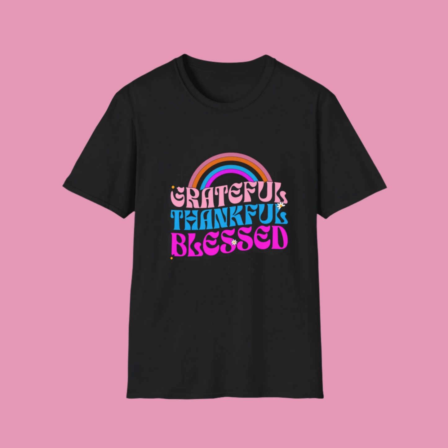 Vintage Rainbow Blessed and Thankful Unisex Softstyle T-Shirt, Retro Pride Tee, Colorful Gratitude Shirt, LGBTQ+ Support Top, Happy Vibes