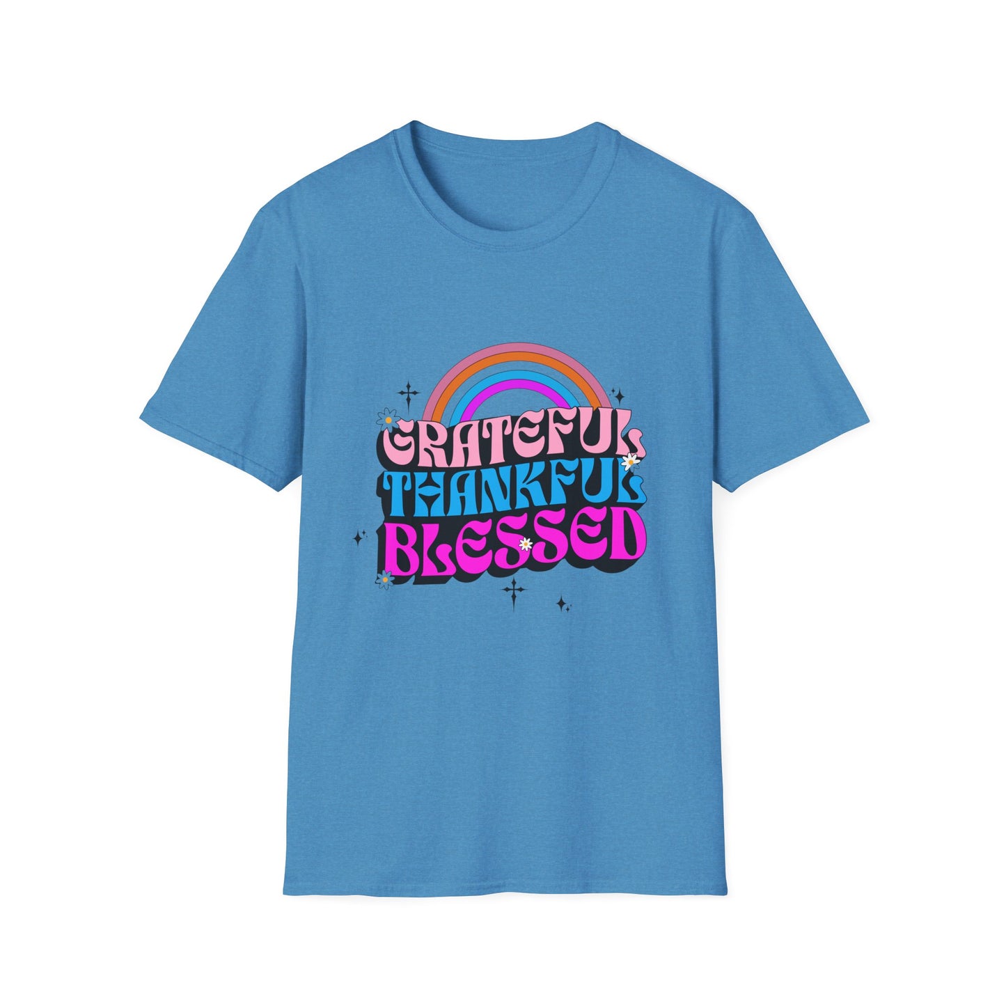 Vintage Rainbow Blessed and Thankful Unisex Softstyle T-Shirt, Retro Pride Tee, Colorful Gratitude Shirt, LGBTQ+ Support Top, Happy Vibes