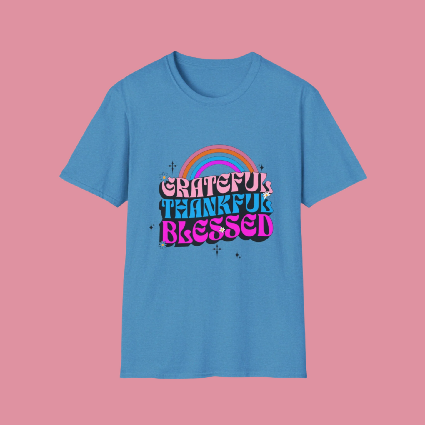 Vintage Rainbow Blessed and Thankful Unisex Softstyle T-Shirt, Retro Pride Tee, Colorful Gratitude Shirt, LGBTQ+ Support Top, Happy Vibes