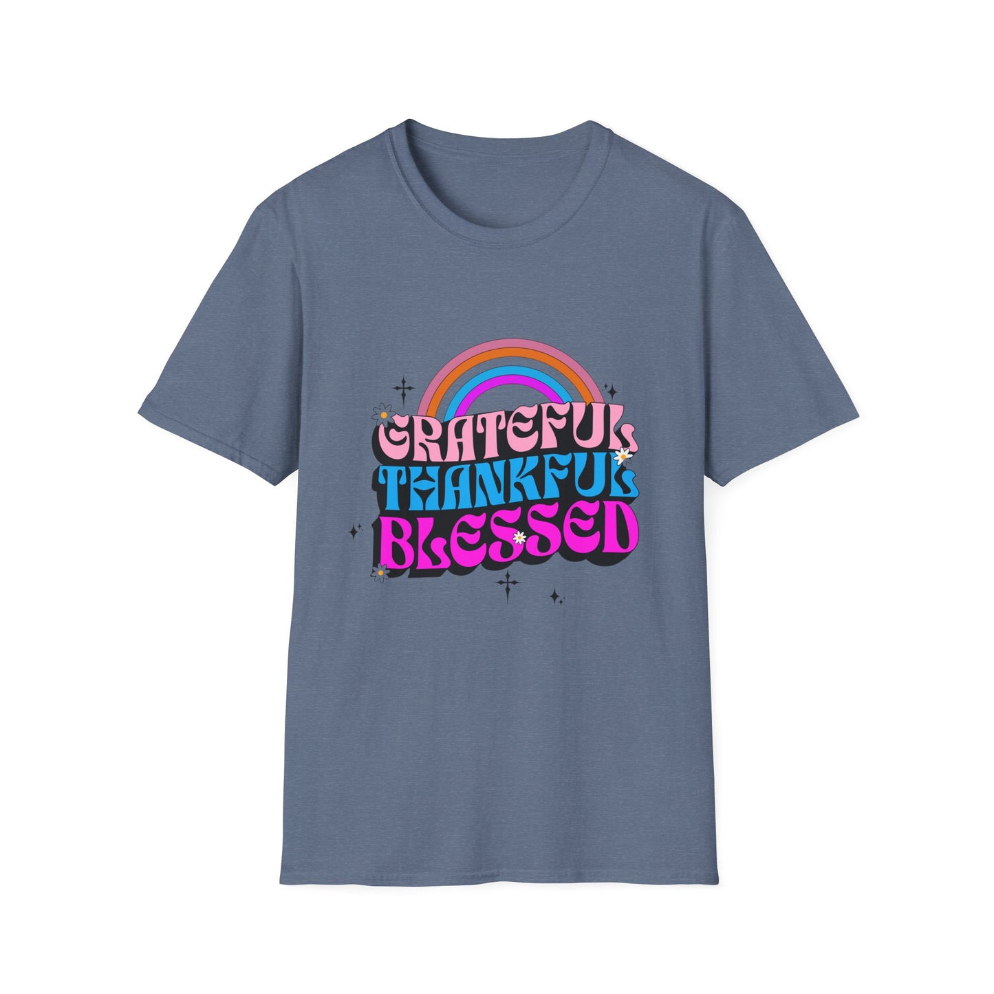 Vintage Rainbow Blessed and Thankful Unisex Softstyle T-Shirt, Retro Pride Tee, Colorful Gratitude Shirt, LGBTQ+ Support Top, Happy Vibes