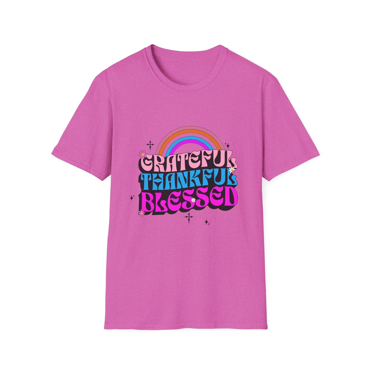 Vintage Rainbow Blessed and Thankful Unisex Softstyle T-Shirt, Retro Pride Tee, Colorful Gratitude Shirt, LGBTQ+ Support Top, Happy Vibes