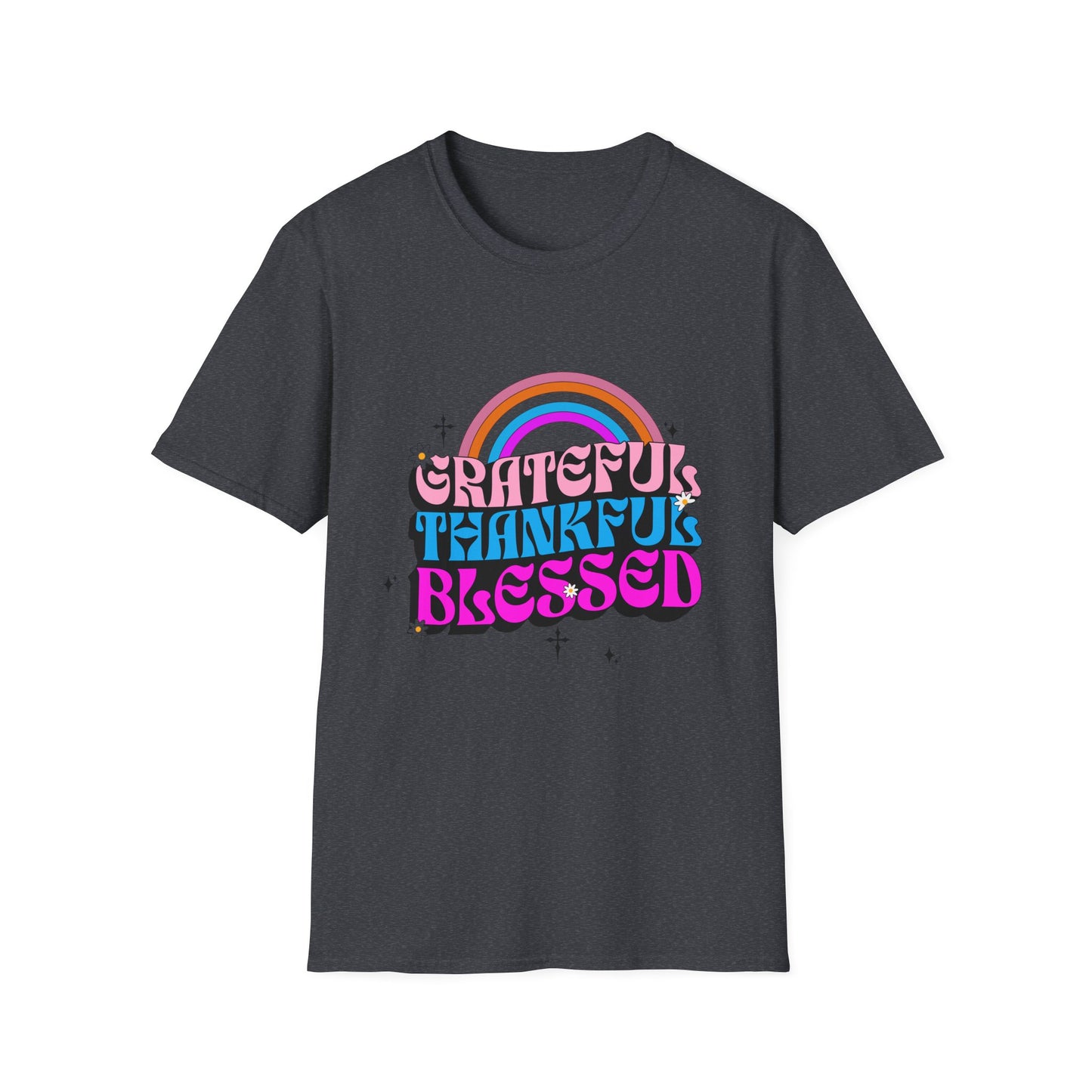Vintage Rainbow Blessed and Thankful Unisex Softstyle T-Shirt, Retro Pride Tee, Colorful Gratitude Shirt, LGBTQ+ Support Top, Happy Vibes