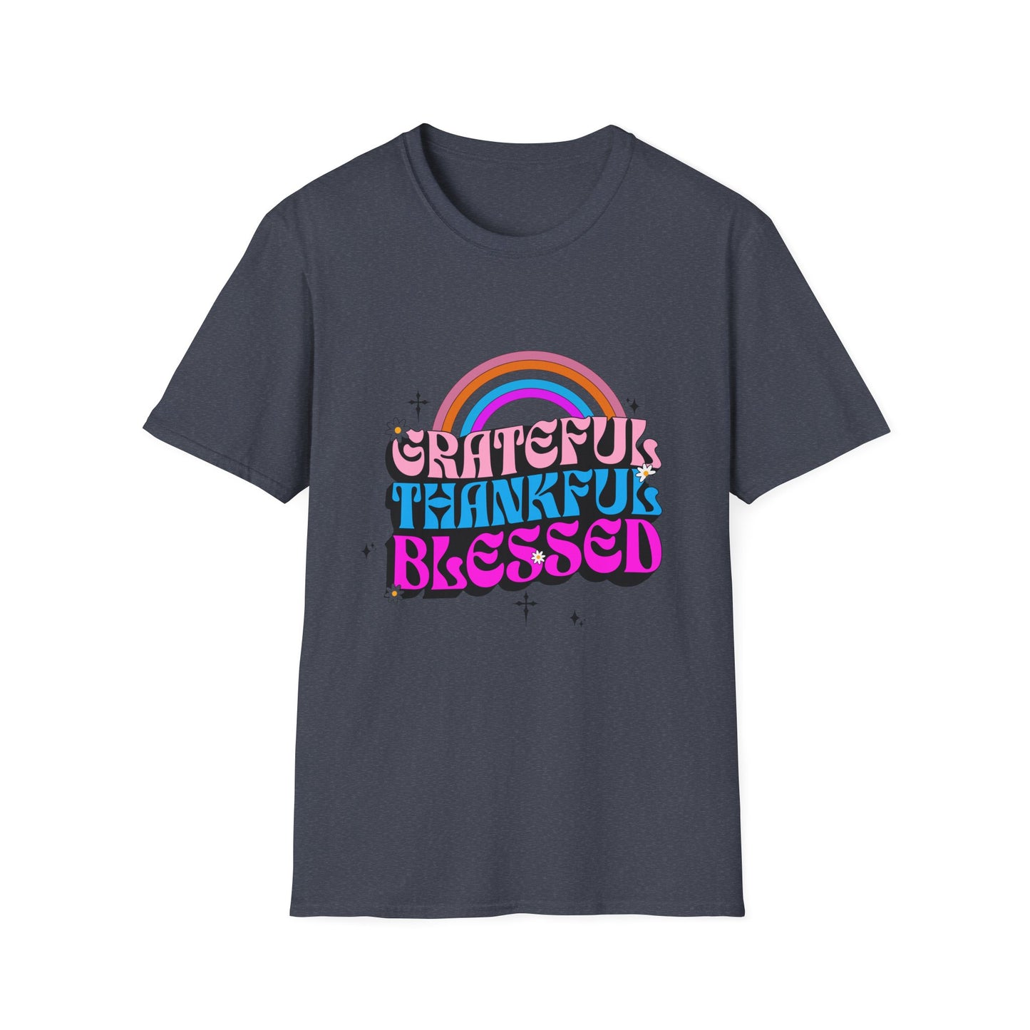Vintage Rainbow Blessed and Thankful Unisex Softstyle T-Shirt, Retro Pride Tee, Colorful Gratitude Shirt, LGBTQ+ Support Top, Happy Vibes