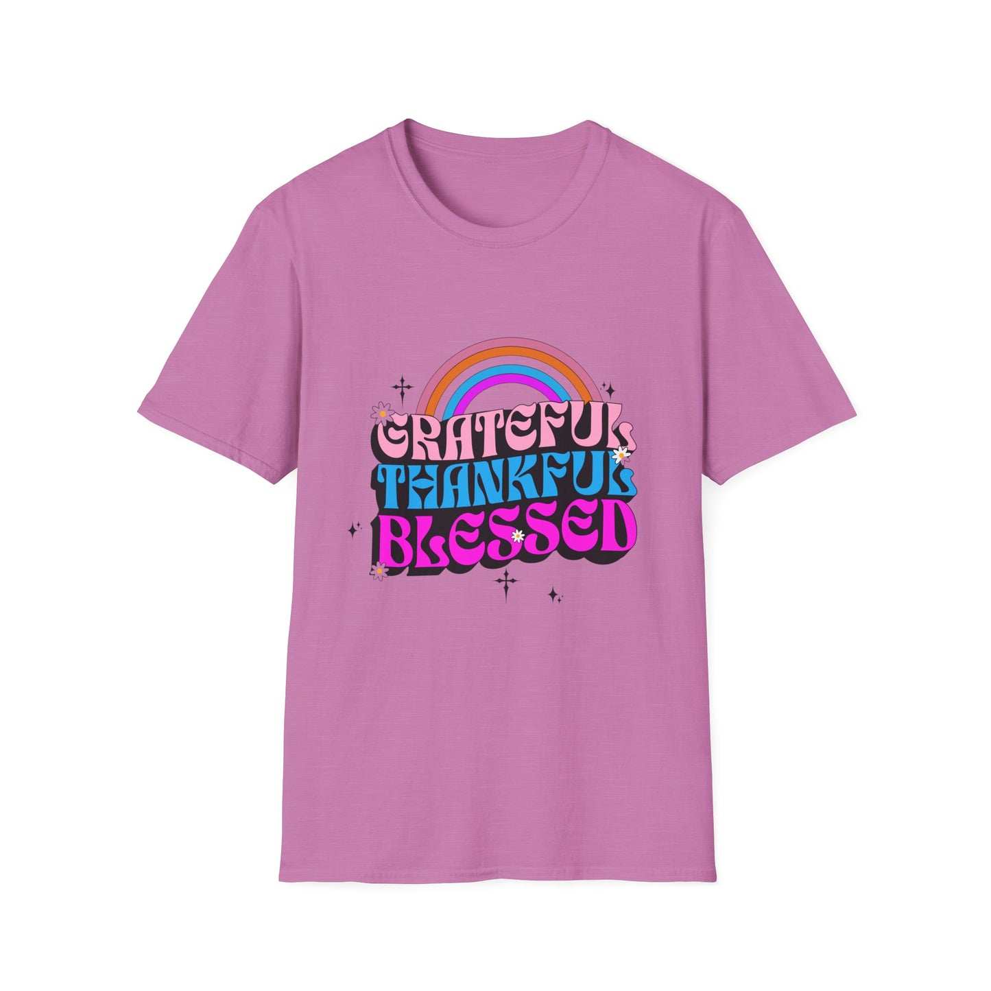 Vintage Rainbow Blessed and Thankful Unisex Softstyle T-Shirt, Retro Pride Tee, Colorful Gratitude Shirt, LGBTQ+ Support Top, Happy Vibes