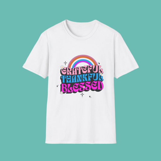 Vintage Rainbow Blessed and Thankful Unisex Softstyle T-Shirt, Retro Pride Tee, Colorful Gratitude Shirt, LGBTQ+ Support Top, Happy Vibes
